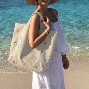 Quilted Koala Boho Large Mirror Tote Bag Stone‎ Natural Beige with Tassel